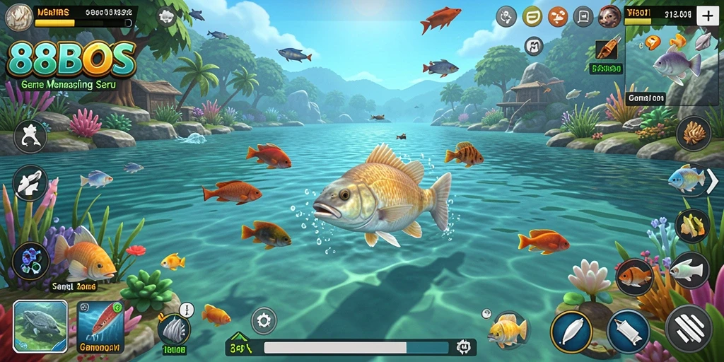 Tampilan gameplay <strong>88BOS</strong> yang penuh warna saat menangkap ikan.
