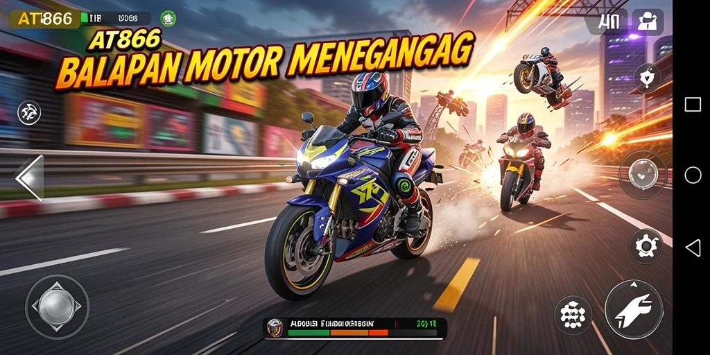 Screenshot AT866 menampilkan aksi balapan motor yang seru.