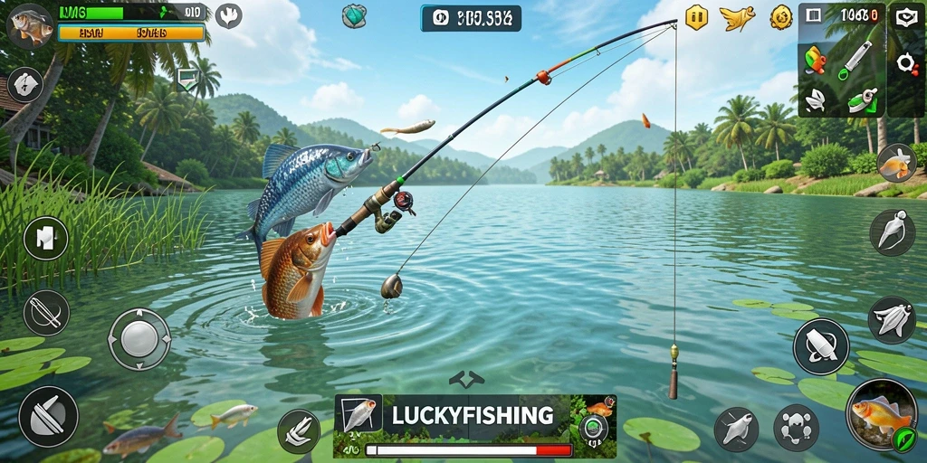 Grafik memukau dari gameplay LUCKYFISHING yang menampilkan aksi memancing.