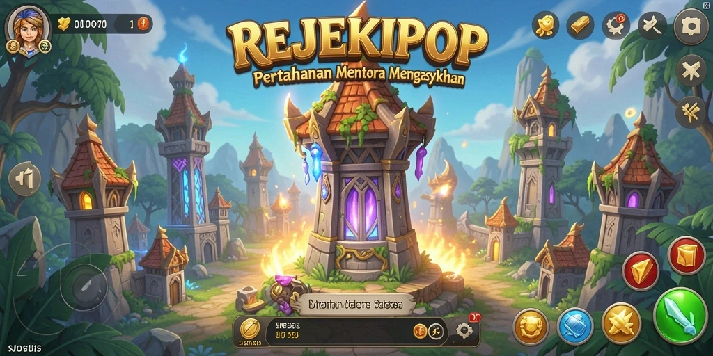 Tampilan screenshot menampilkan aksi menegangkan dalam REJEKIPOP di Tower Defense.